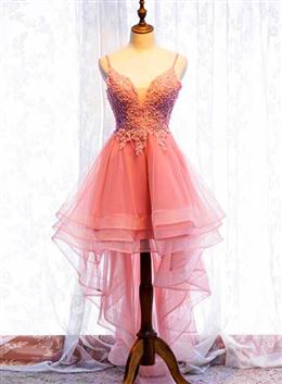 Picture of Chic V-neckline Lace Applique Tulle High Low Straps Homecoming Dresses, Tulle Short Prom Dresses